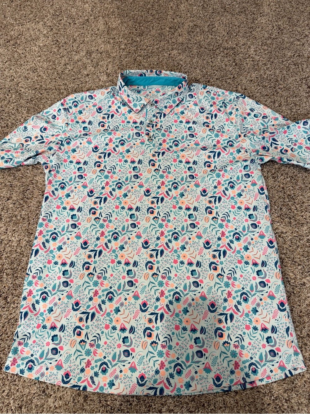 Swannies Men's Floral Short-Sleeve Polo in White, Teal & Coral Size Large